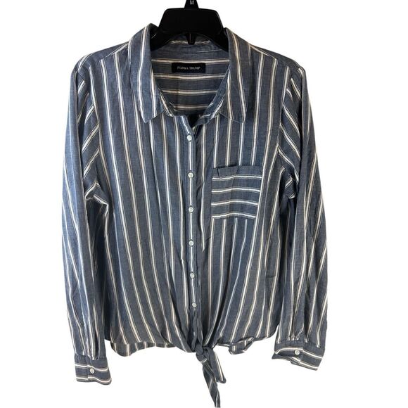 Ivanka Trump oversized M/L striped shirt button ties in front Blue White lightwe - Picture 1 of 8